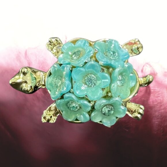 Vintage Blue Flower Gold Tone Turtle Brooch 1960s Cute Figural Pin - Picture 6 of 15